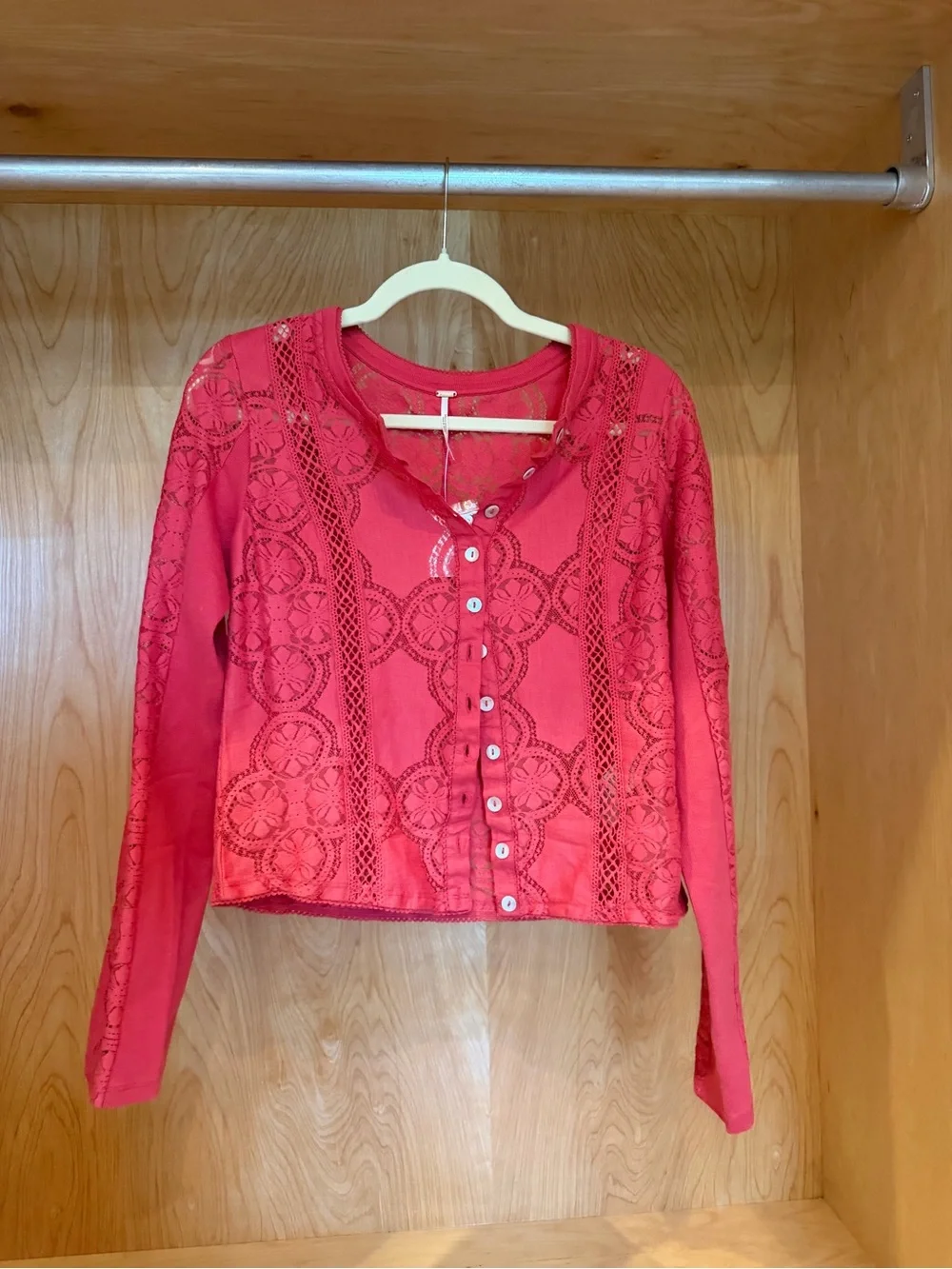 Free People Red Crochet Lace Button-Front Long Sleeve Top